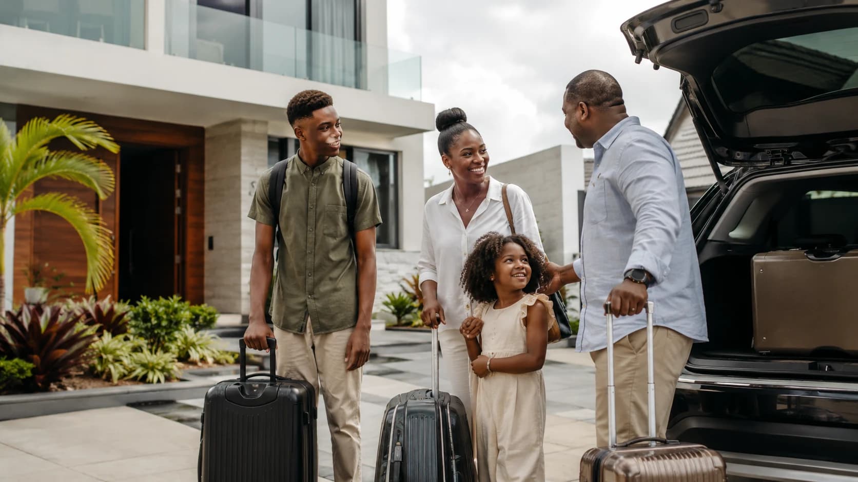 Diaspora family arriving at their modern home in Ghana