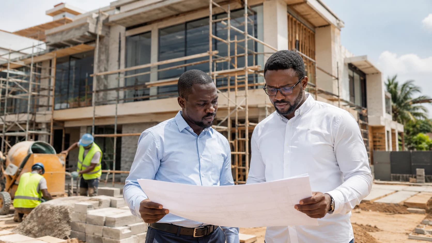 Construction blueprint review on a Ghana building site