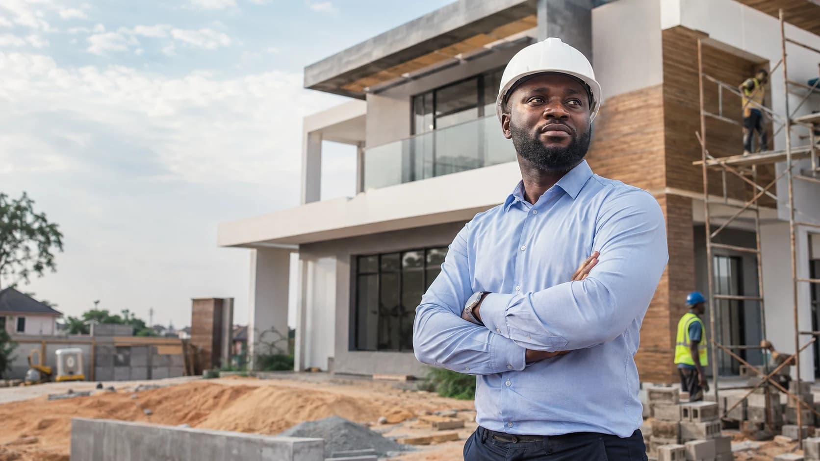 Bernard Builders site lead reviewing a modern housing build in Ghana